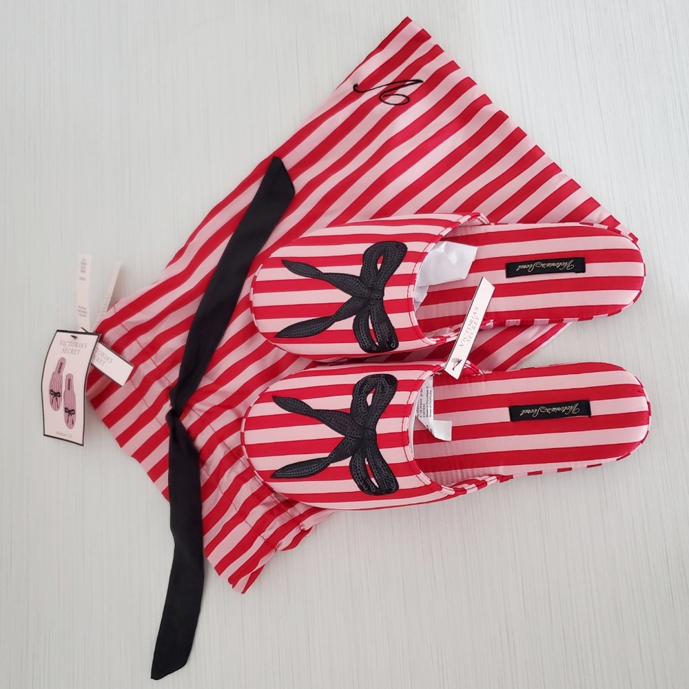 Victoria's Secret SIGNATURE SATIN SLIPPERS BOW STRIPED RED BLACK PINK M …